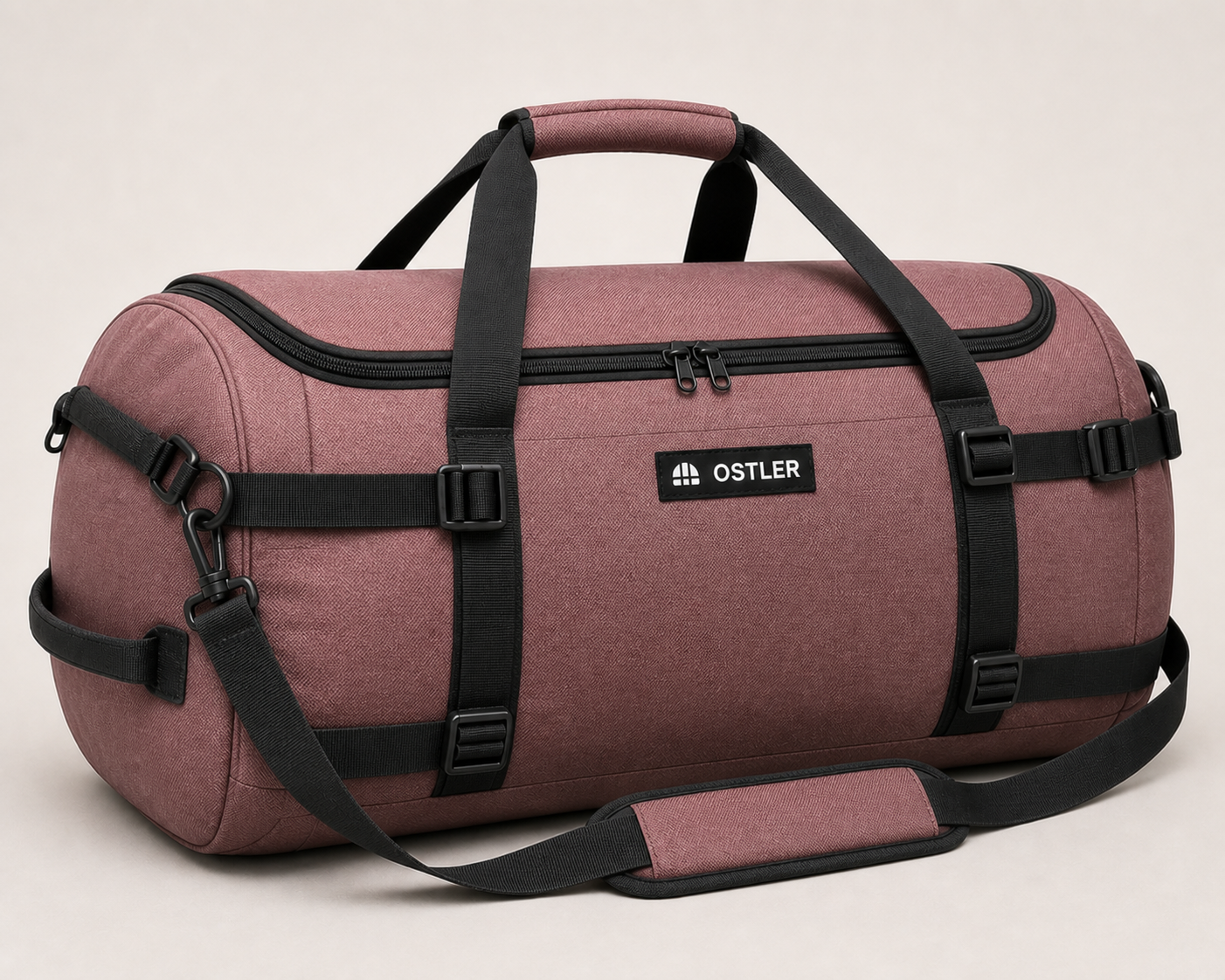 Haul Gear Duffel 60L in Rosewood, three-quarter view