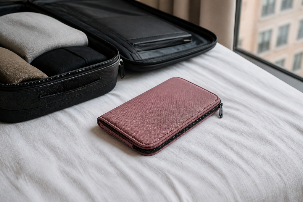 Kit Document Wallet in Rosewood, lifestyle view