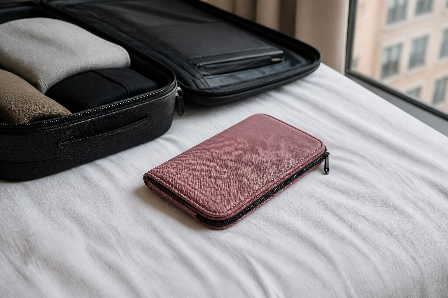 Kit Document Wallet in Rosewood, lifestyle view