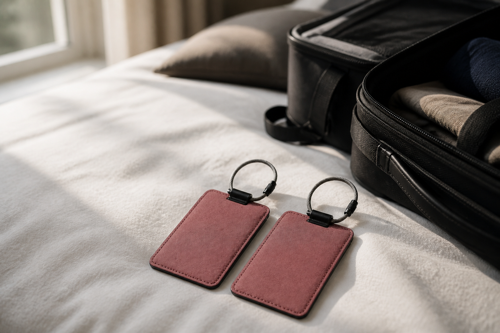 Kit Luggage Tag Pair in Rosewood, lifestyle view